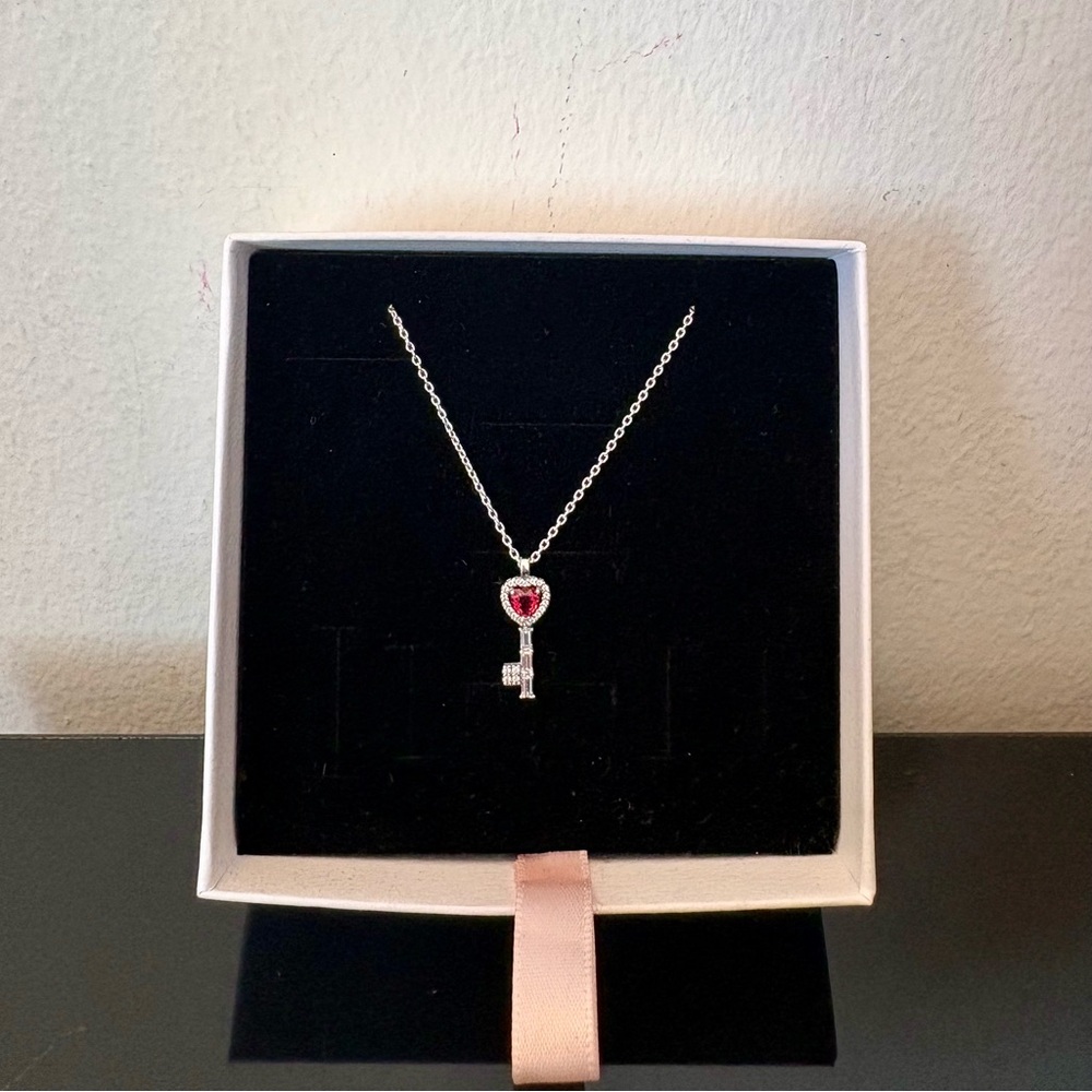 Pandora Silver Key Necklace with Red Heart Accent